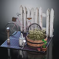 Miniature Garden Display Featuring White Picket Fence Pink Bicycle Wooden Barrel Plants And Watering Can