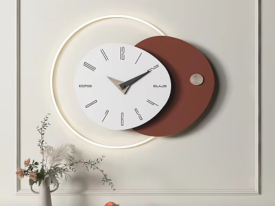 Modern Clock With Neon Ring Light White Brown Sections Light Colored Wall Decorative Vase Flowers 3d model