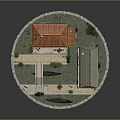 Traditional Building Model With Red Tile Roof Gray Structure Small Path Lawn Boats Street Lamps