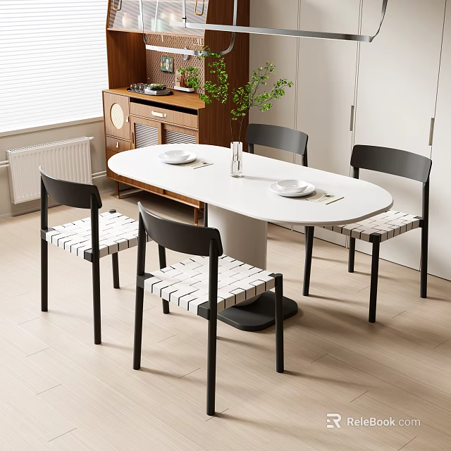 Modern White Oval Dining Table Set With Four Black Frame Chairs And Wooden Sideboard 3d model 