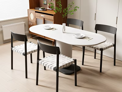 Modern White Oval Dining Table Set With Four Black Frame Chairs And Wooden Sideboard 3d model
