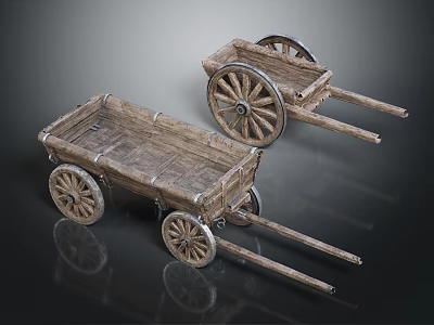 Vintage Wooden Handcarts With Spoked Wheels Wooden Cart Bed And Handles 3d model
