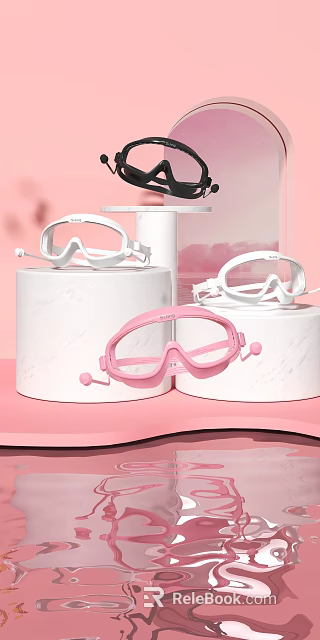 Stylish Pink And White Swim Goggles Displayed On White Pedestals 3d model 