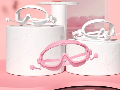 Stylish Pink And White Swim Goggles Displayed On White Pedestals 3d model