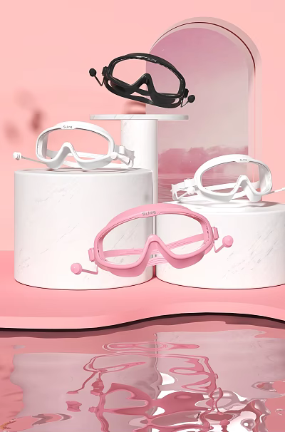 Stylish Pink And White Swim Goggles Displayed On White Pedestals 3d model