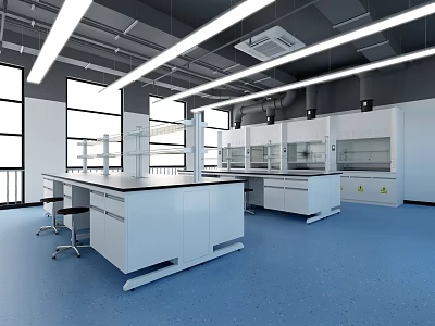 Modern Laboratory Interior Design With White Benches Fume Hoods Blue Flooring And Windows 3d model