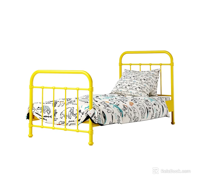 Single Bed with Yellow Metal Frame and Printed Bed Sheets with Pillow 3d model 