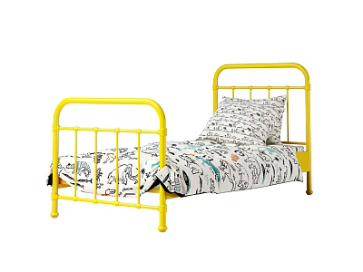 Single Bed with Yellow Metal Frame and Printed Bed Sheets with Pillow 3d model