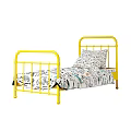 Single Bed with Yellow Metal Frame and Printed Bed Sheets with Pillow