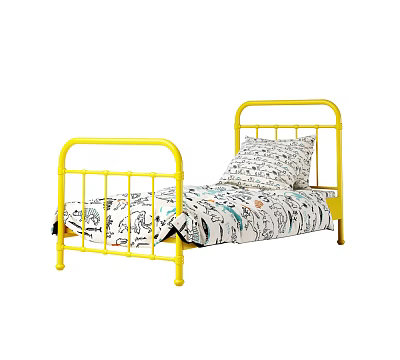 Single Bed with Yellow Metal Frame and Printed Bed Sheets with Pillow 3d model