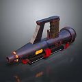 Vintage Industrial Rocket Launcher With Dark Metal Barrel Red Accents And Wooden Handle