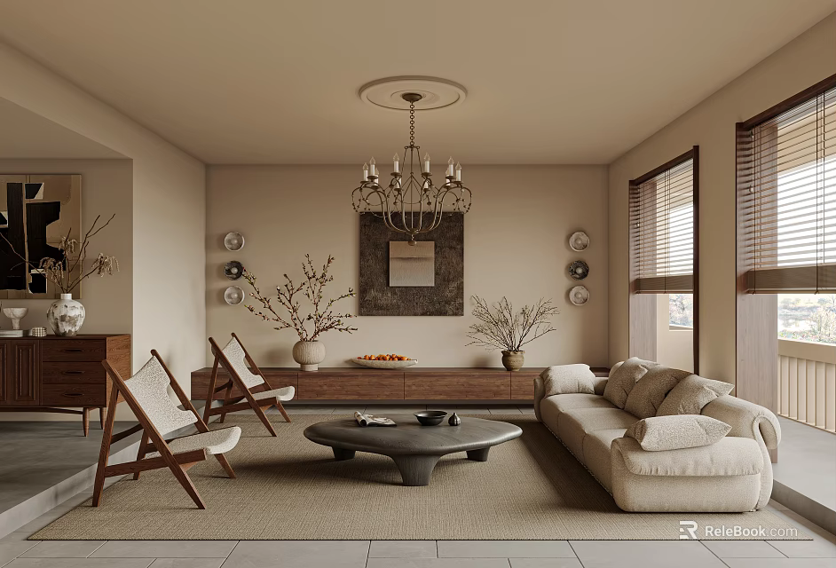 Modern Living Room With Beige Sofa Accent Chairs Coffee Table Chandelier And Decorative Mirror 3d model 