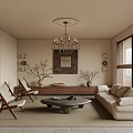 Modern Living Room With Beige Sofa Accent Chairs Coffee Table Chandelier And Decorative Mirror