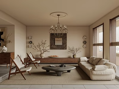 Modern Living Room With Beige Sofa Accent Chairs Coffee Table Chandelier And Decorative Mirror 3d model