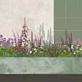 Bonsai Planter With Various Colorful Flowers Purple Pink White Light Wall And Circular Pattern Tiles