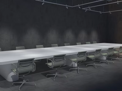 Long White Conference Table With Gray Office Chairs And Dark Wall Ceiling Lights 3d model