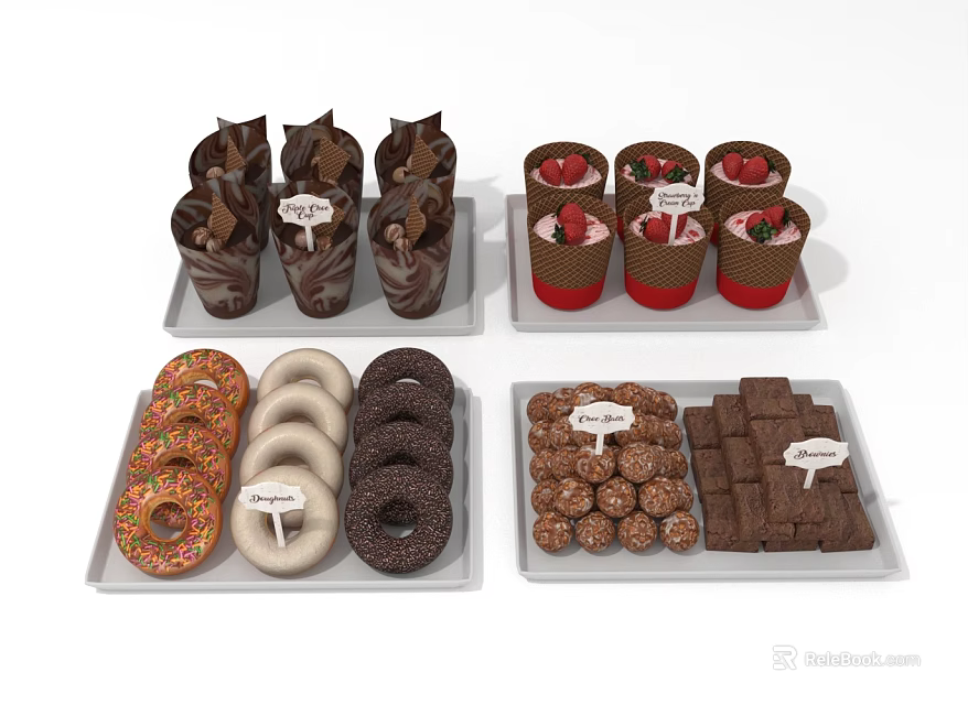 Delicious Assorted Desserts Chocolate Cups Strawberry Cups Donuts Balls And Squares On Trays With Labels 3d model 