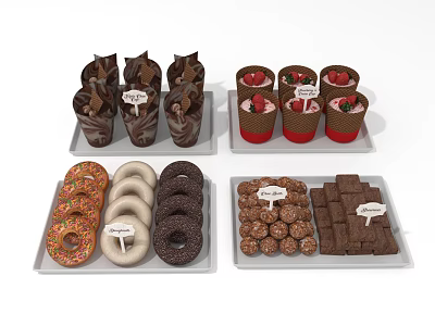 Delicious Assorted Desserts Chocolate Cups Strawberry Cups Donuts Balls And Squares On Trays With Labels 3d model