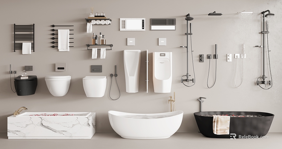 Modern Bathroom Suite With Toilets Washbasins Bathtubs Shower Fixtures Towel Racks And Storage Shelves 3d model 