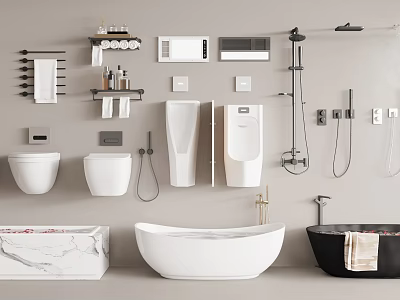 Modern Bathroom Suite With Toilets Washbasins Bathtubs Shower Fixtures Towel Racks And Storage Shelves 3d model