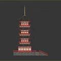 Traditional Multi Tiered Pagoda Architecture With Red Framework Gray Roof And Golden Spire