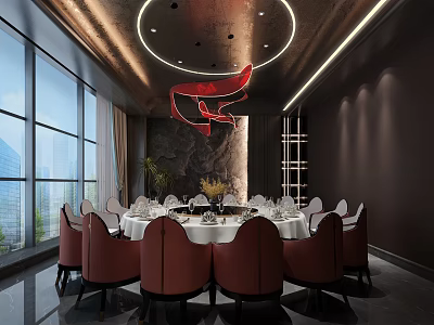 Luxurious Private Dining Room With Round Table Red Chairs Large Windows And Decorative Wall 3d model