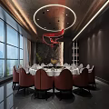 Luxurious Private Dining Room With Round Table Red Chairs Large Windows And Decorative Wall