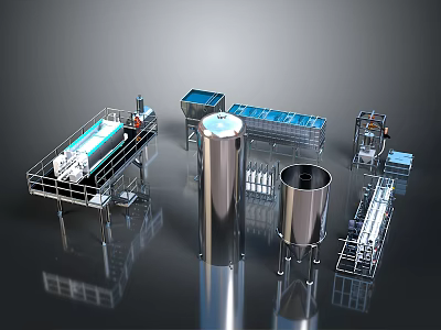 Stainless Steel Industrial Processing Equipment With Storage Tanks Pipes And Metal Frames 3d model