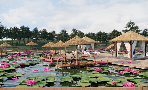 New Chinese-style Park Rural Wetland Waterfront Plank Road Landscape Fishing Landscape Plank Road Lotus Pond Water Plank Road Riverside Park 3d model