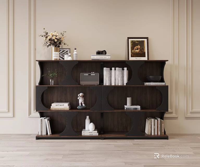 Decorative Cabinet with Books Decorations Vase and Picture Frame in Living Room 3d model 