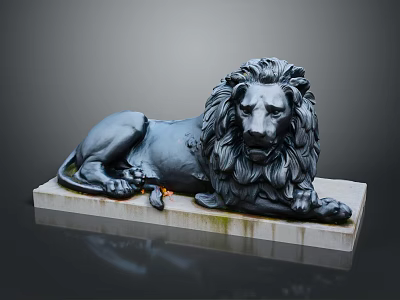 Reclining Black Metal Lion Statue With Detailed Mane And Moss On Stone Base 3d model