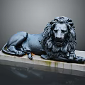 Reclining Black Metal Lion Statue With Detailed Mane And Moss On Stone Base