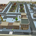 Cartoon Town Scene With Colorful Buildings Streets Street Lamps And Bus Stop