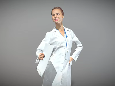 Woman In White Lab Coat Holding Folder With Stethoscope On Gray Background 3d model