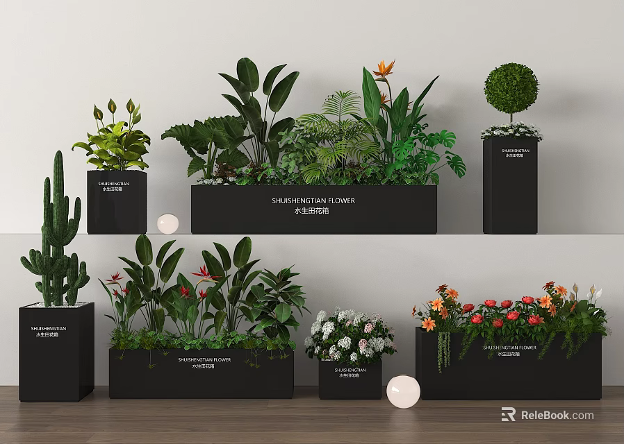Indoor Plant Combination With Various Green Plants And Flowers In Black Planters 3d model 