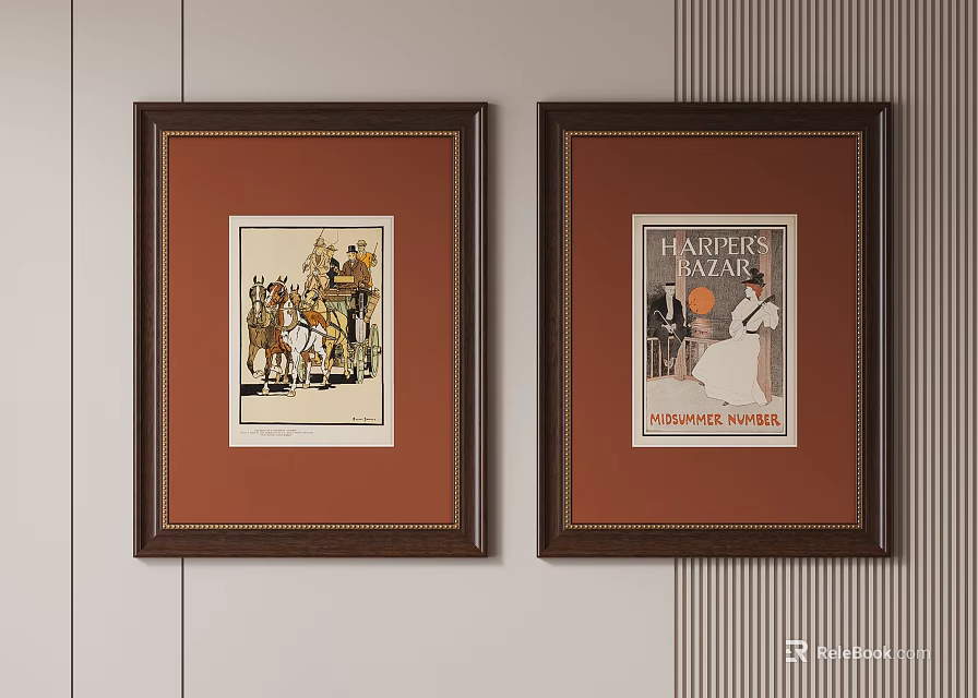 Two Abstract Paintings in Brown Frames Hanging on Wall with Vintage Text Elements 3d model