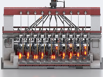 Automated Industrial Processing Equipment With Multiple Heating Elements And Red Flames 3d model