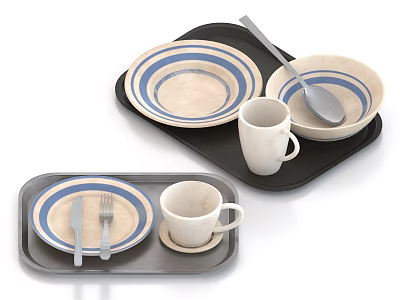 Dinnerware Set Featuring Blue And White Stripes Including Tray Plates Bowls Mugs Knife Fork Spoon 3d model