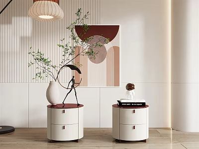 Modern White Bedside Tables With Red Tops Drawers And Decorative Items 3d model