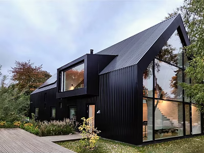 Modern Black Residential Building With Sloped Roof And Large Glass Windows Surrounded By Greenery 3d model