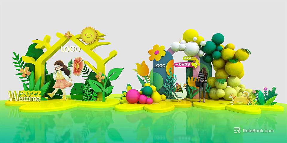 Colorful Floral Theme Setup With Sun Decoration Balloon Arch And Kids Figures 3d model 