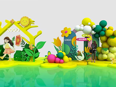 Colorful Floral Theme Setup With Sun Decoration Balloon Arch And Kids Figures 3d model