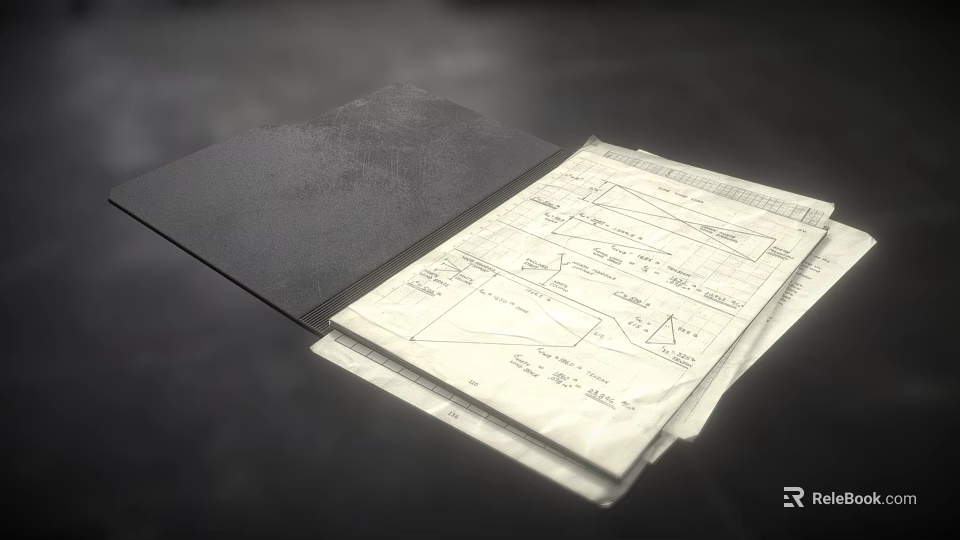 Open Black Folder With Papers Containing Math Formulas And Diagrams 3d model