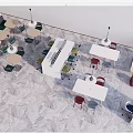 Lounge Area With Various Shaped Tables Colorful Chairs And Marble Floor