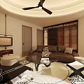 Modern Living And Dining Room Interior With Brown Sofa Woven Partition And Round Ceiling Fan