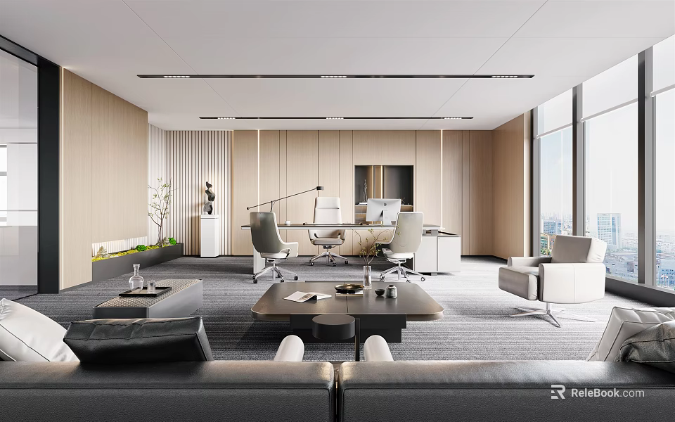 Modern Contemporary Office Interior Design With Sofa Coffee Table Desk Chairs Large Windows And Plants 3d model 