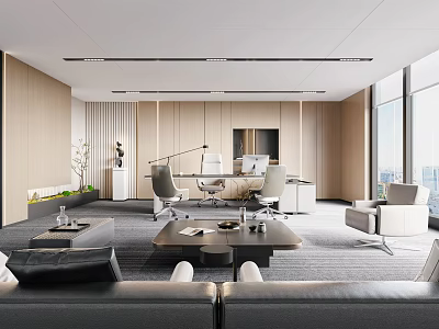 Modern Contemporary Office Interior Design With Sofa Coffee Table Desk Chairs Large Windows And Plants 3d model