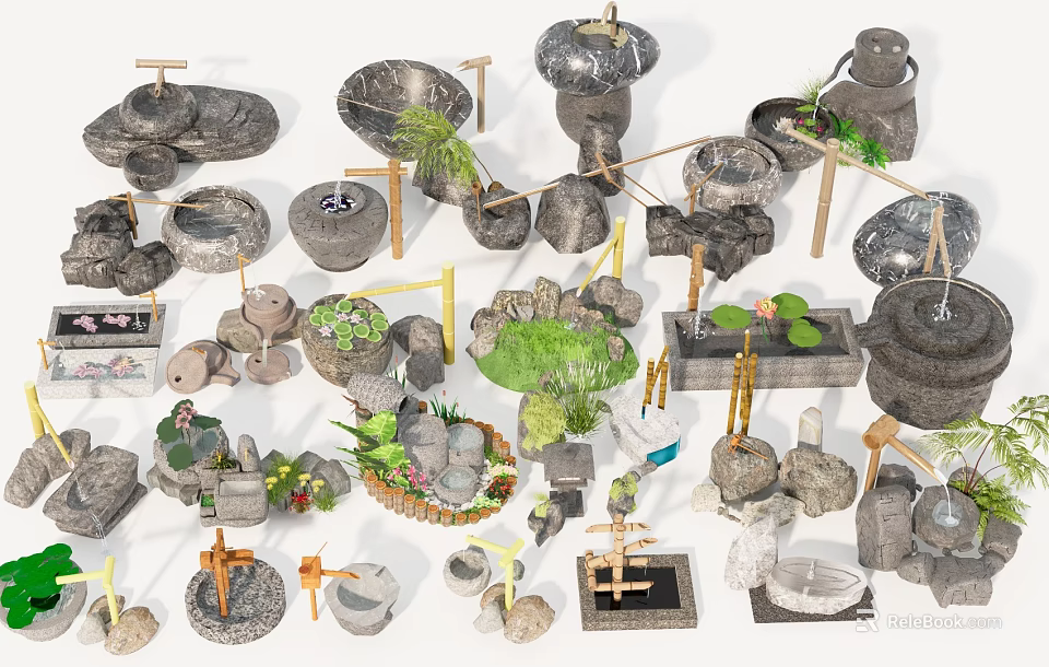 Garden Ornaments Collection With Stone Water Features Plants And Bamboo Decor 3d model 