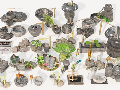 Garden Ornaments Collection With Stone Water Features Plants And Bamboo Decor 3d model