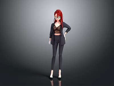 Stylish Red Haired Game Movie Character In Black Blazer Lace Top Glasses And High Heels 3d model